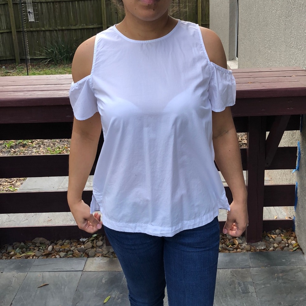 LOFT WOMEN COLD SHOULDER POPLIN WHITE  BLOUSE | XSP